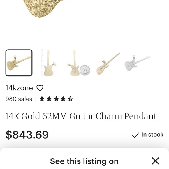 14KT Guitar Pendant, Vintage Diamond-Cut Yellow Gold - Picture 9 of 9